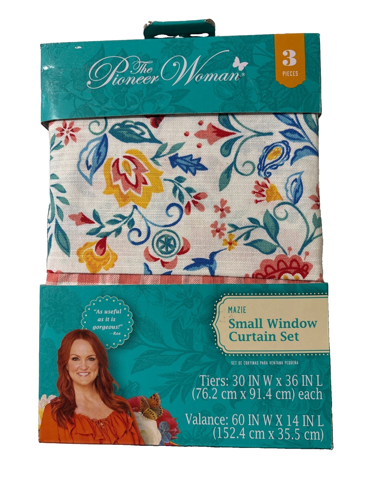 Pioneer Woman Mazie Small Window Curtain Set 3Pc Tiers 30″Wx36″L Plus Valance