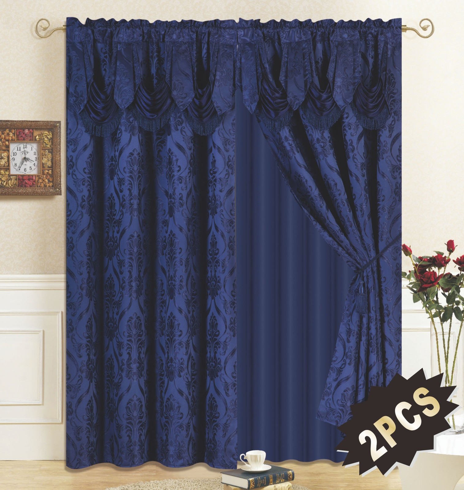New 4 Piece Drape Set with Attached Valance and Sheer with 2 Tie Backs Includ…