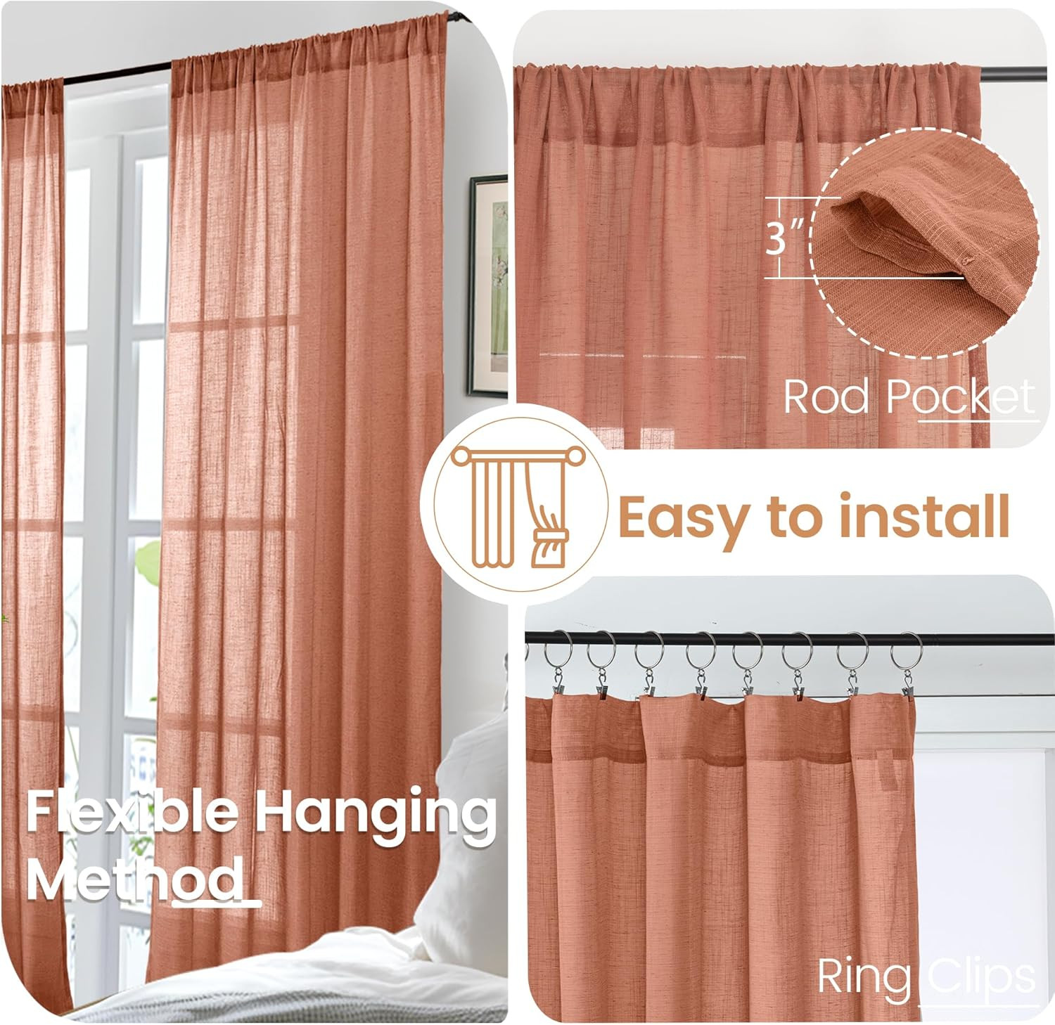 Bgment Rust Terracotta Linen Curtains 45 Inch Length, Burnt Orange Semi Sheer Dr
