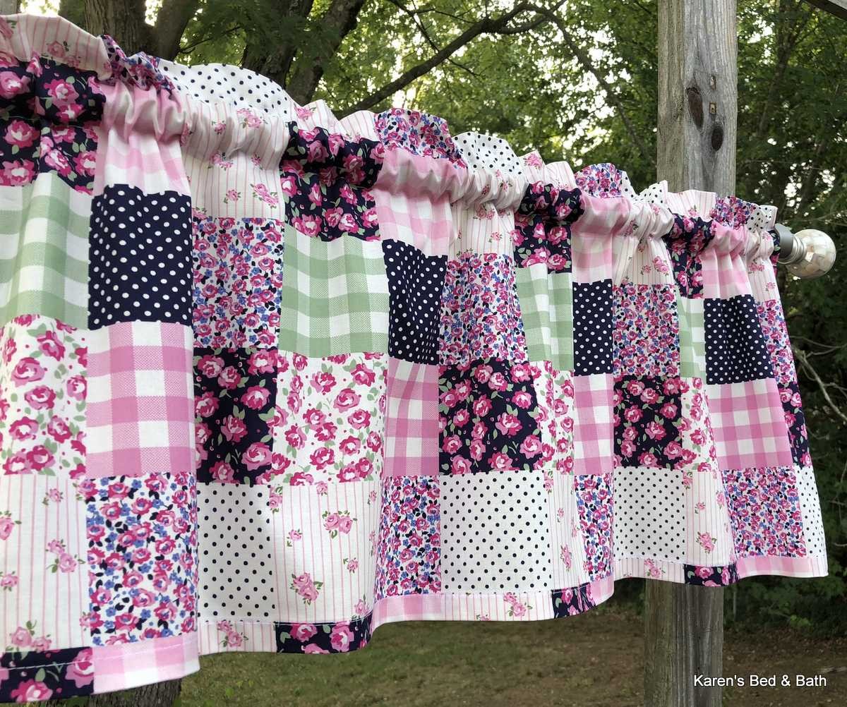 Patchwork Rose Valance – Pink Navy Gingham Floral Print – Shabby Chic Cottage
