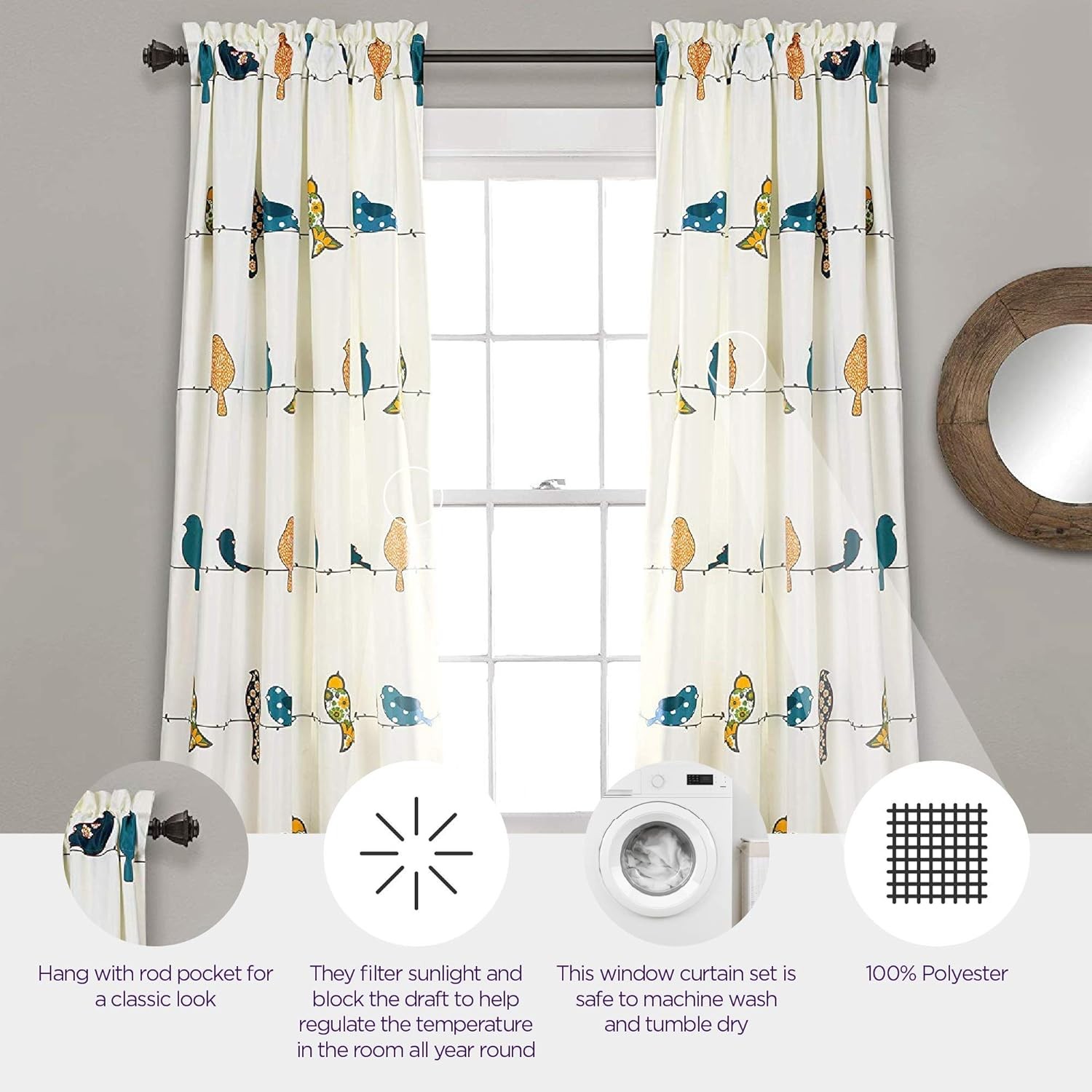 Lush Decor Rowley Birds Light Filtering 52″W x 84″L (Pack of 1), Multi Color