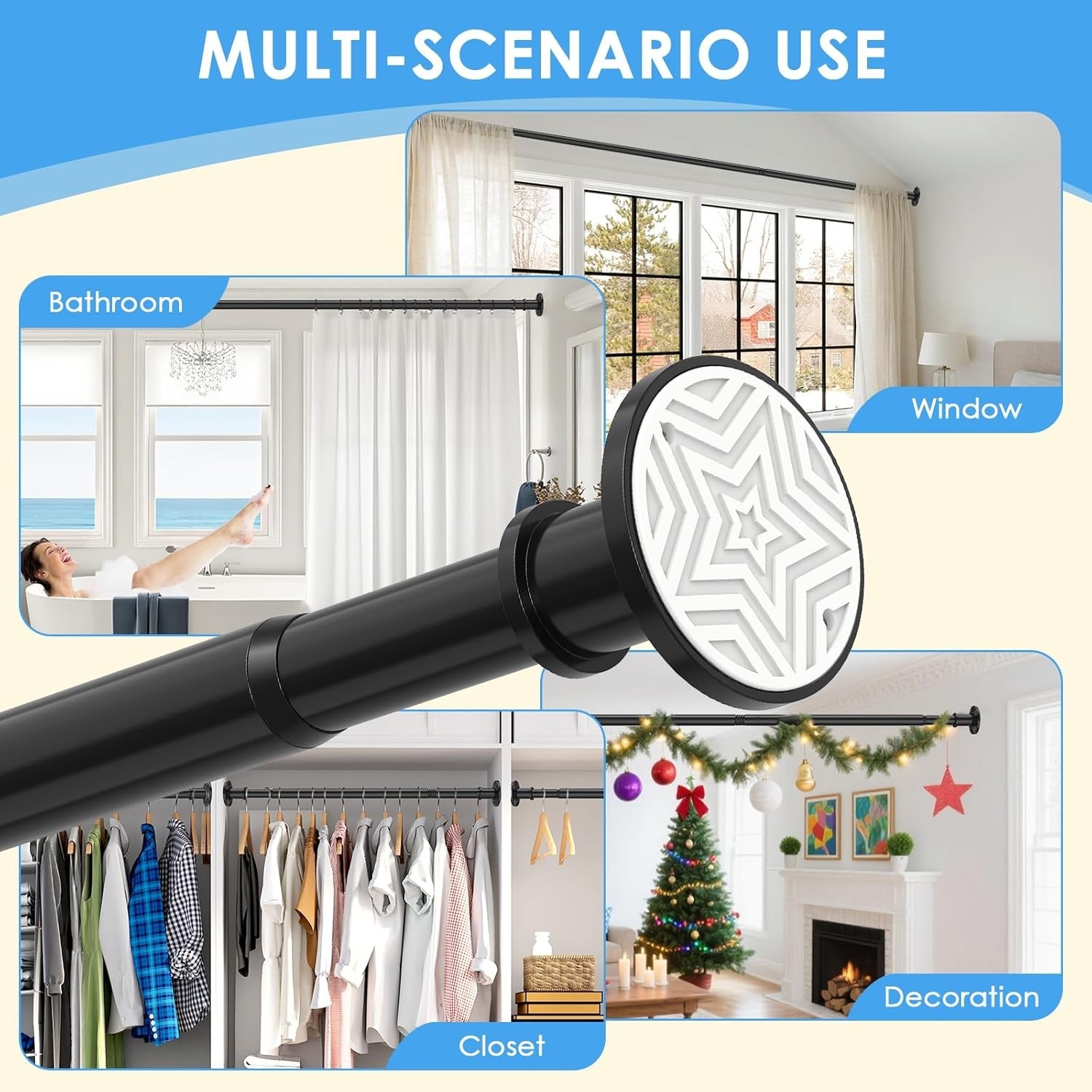 Outdoor Curtain Rod Tension Adjustable Heavy Duty Rustproof Black 31-168In