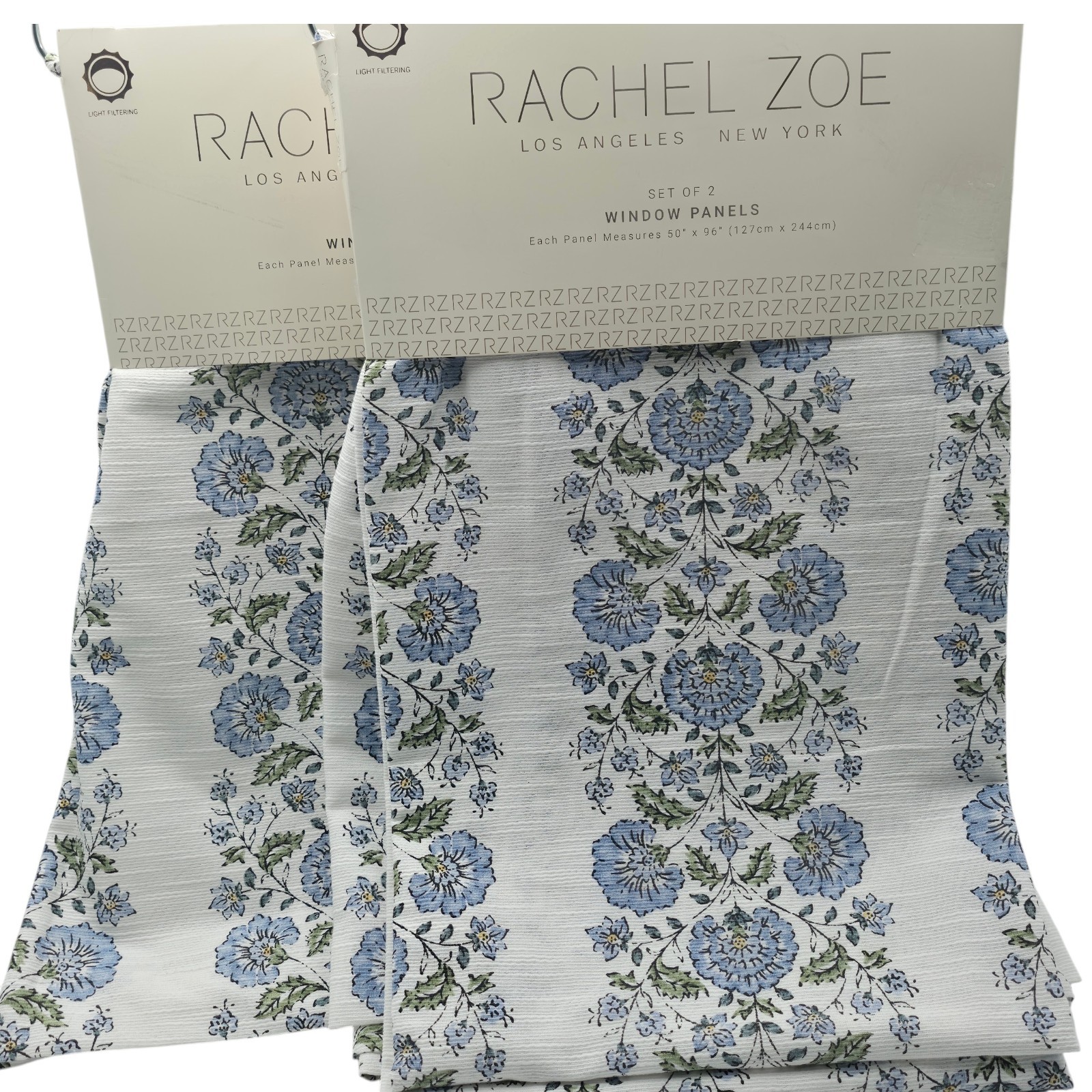 Rachel Zoe Blue Floral Curtains Set of 4 50×96 Drapes Cottage Botanical Panels