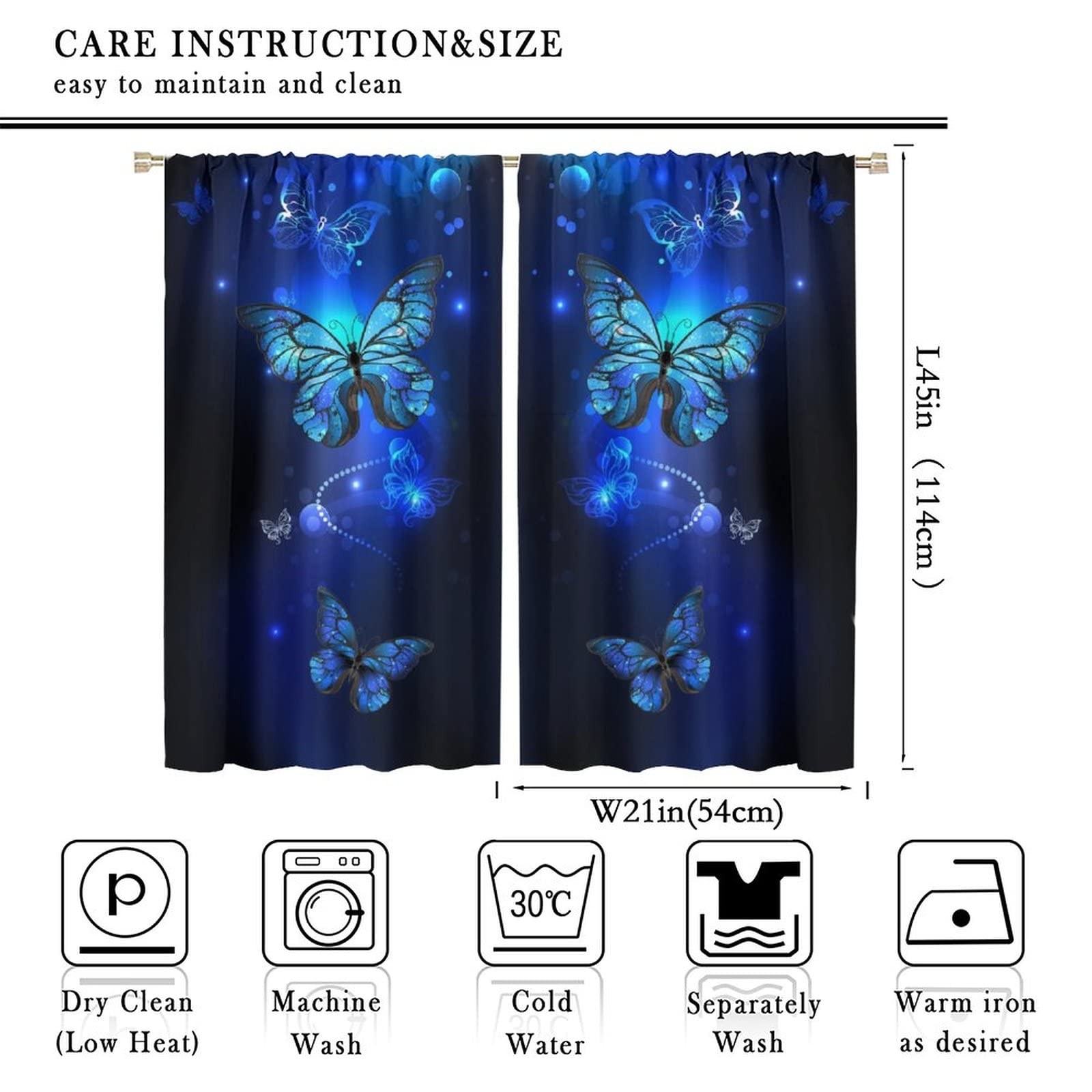 Blue Butterfly Curtains,Glowing Butterflies Black Background Thermal Insulate…