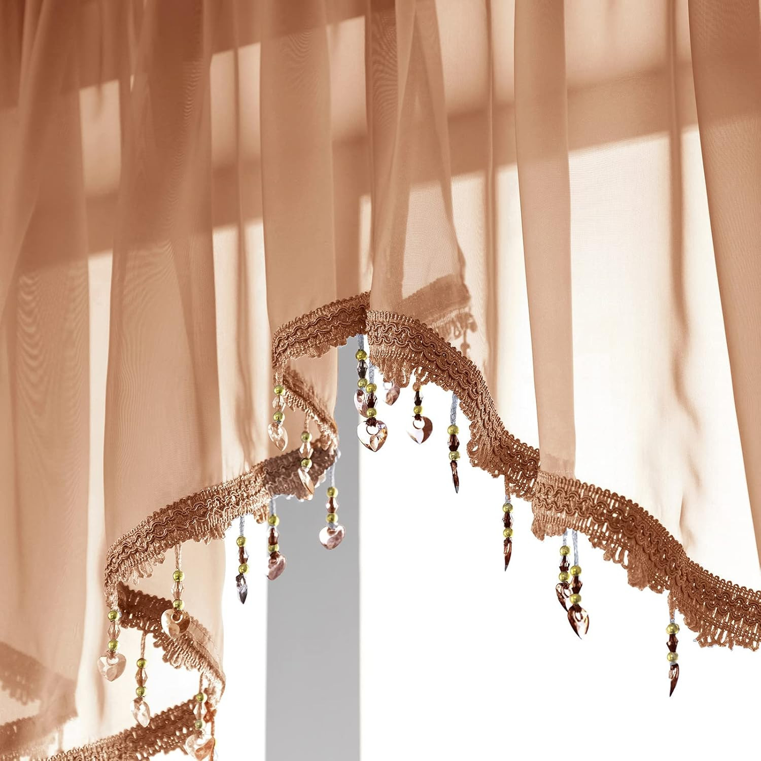 Beaded Sheer Valance Curtains for Living Room,Rod Pocket Farmhouse Window Valanc