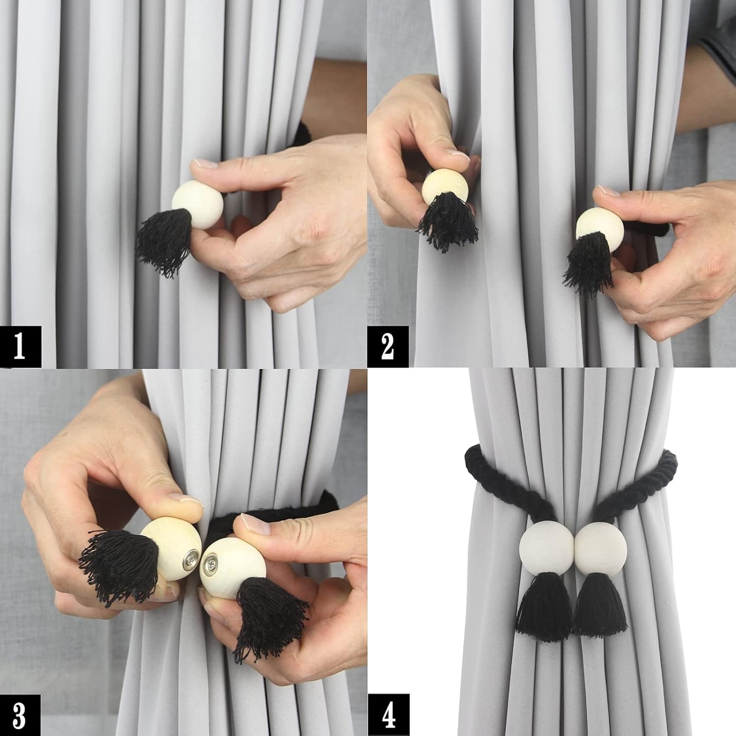 2 Pack Black Magnetic Curtain Tiebacks Cotton Hand Woven Tieback Holdback Dec…