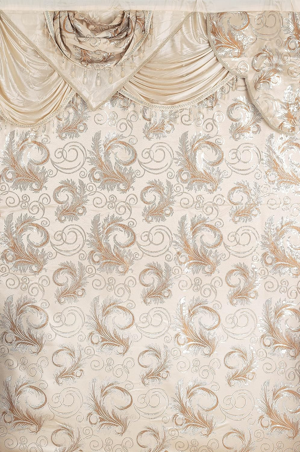 Jacquard Luxury Window 2 Panel Set Beige Curtain with Attached Valance and Backi