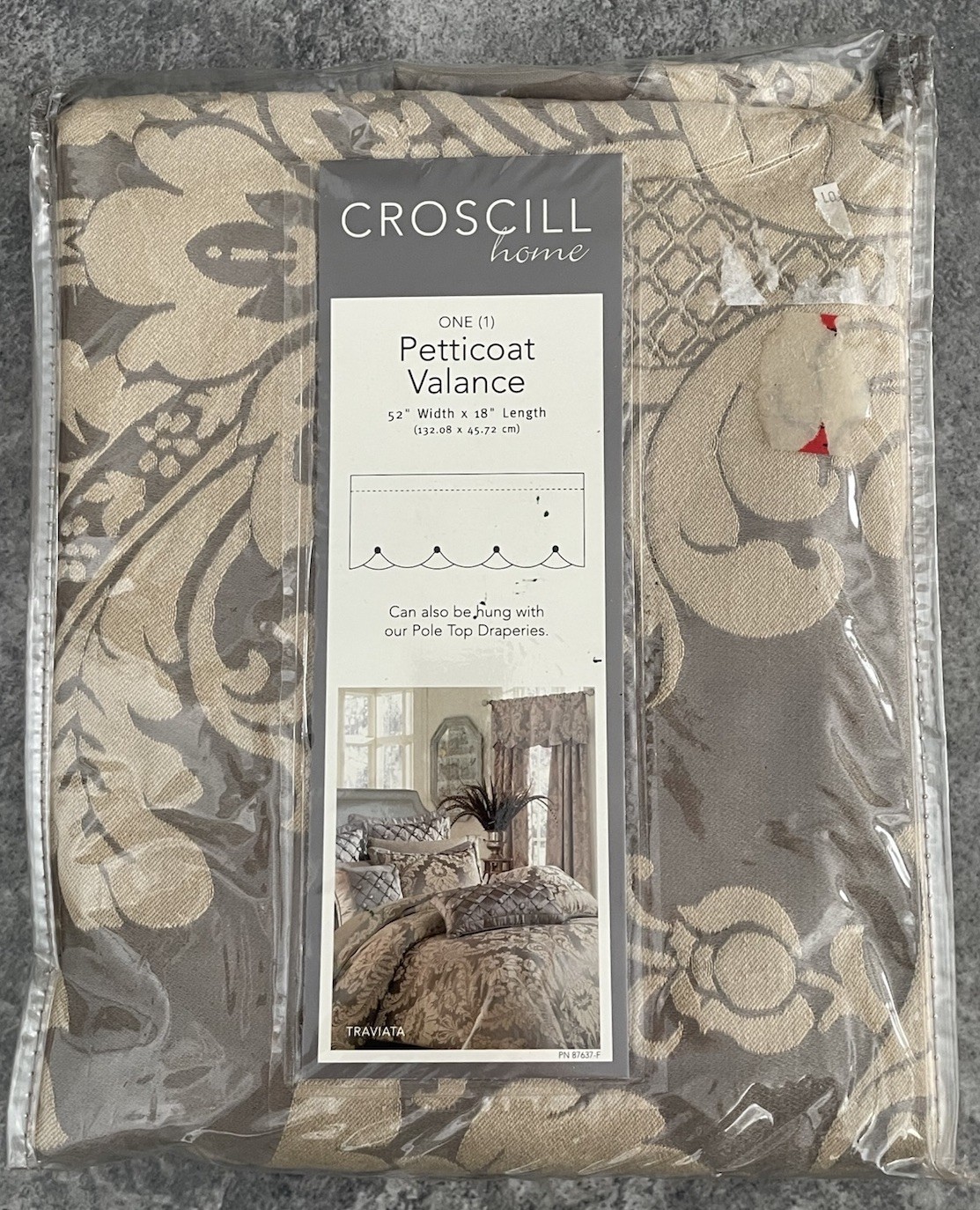 One Croscill Petticoat Valance GREY TRAVIATA 52” x 18”