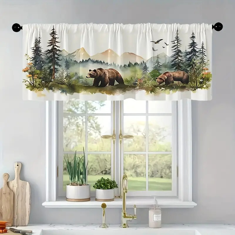 Brown Bears Forestry Mountain Wildlife Window Valance, Modern Rustic,52″ x 18″