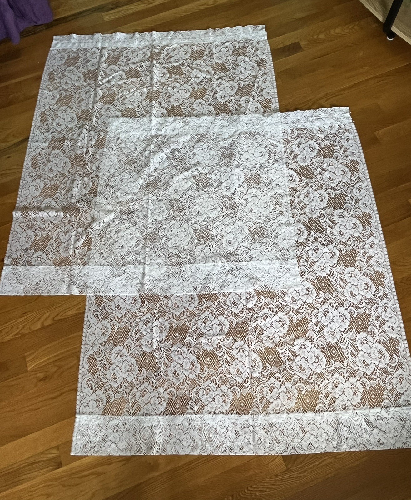 2 Vintage Floral White Lace Panels Curtains 38″ wide X 46″ long Each