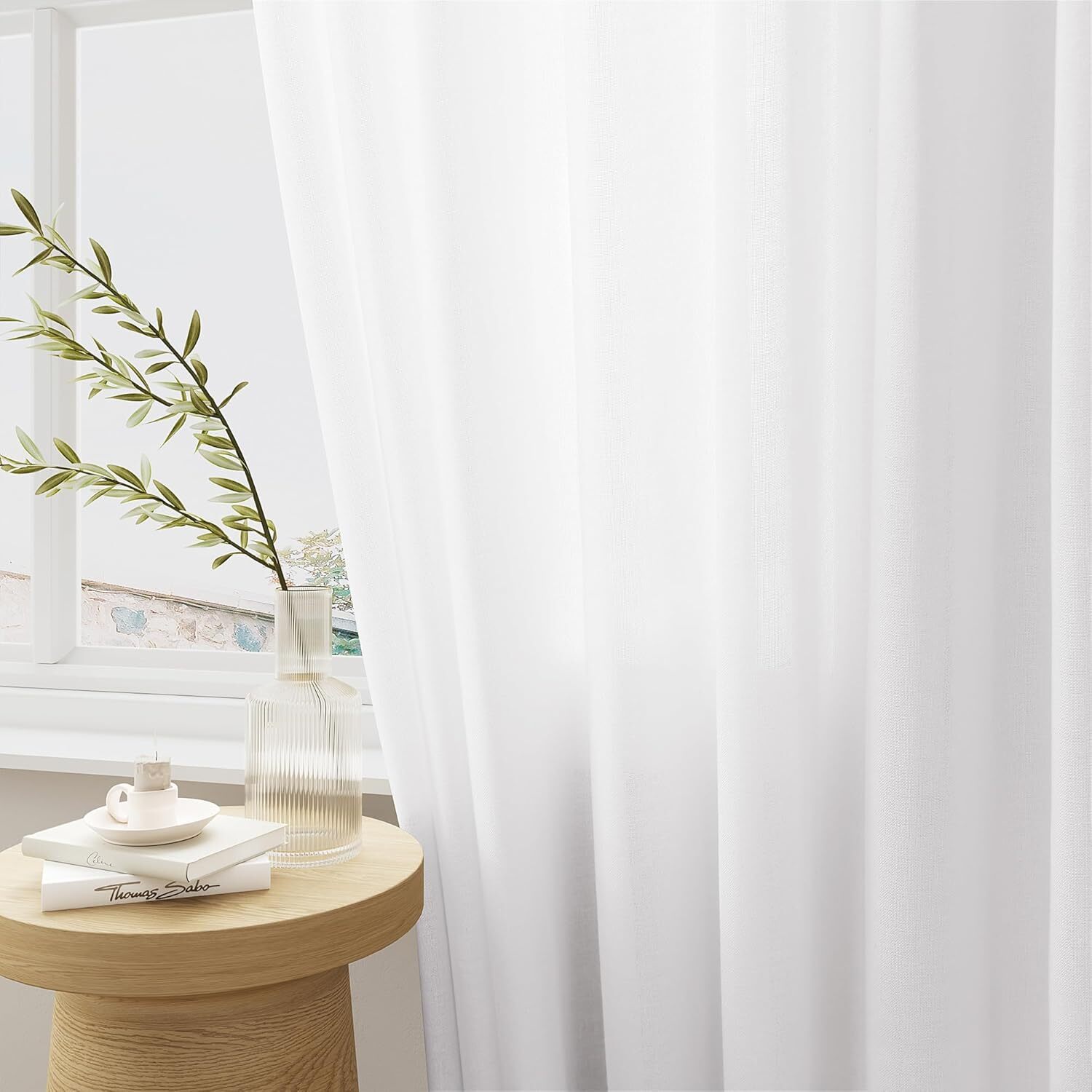 White Pinch Pleated Linen Curtains 96 Inches Long for Living Room Bedroom Cotton