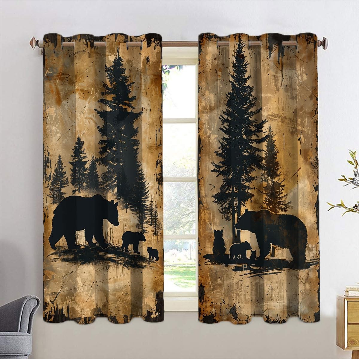 Rustic Bear Window Curtains for Kid Girls Boys Bedroom Vintage Cabin Wildlife An