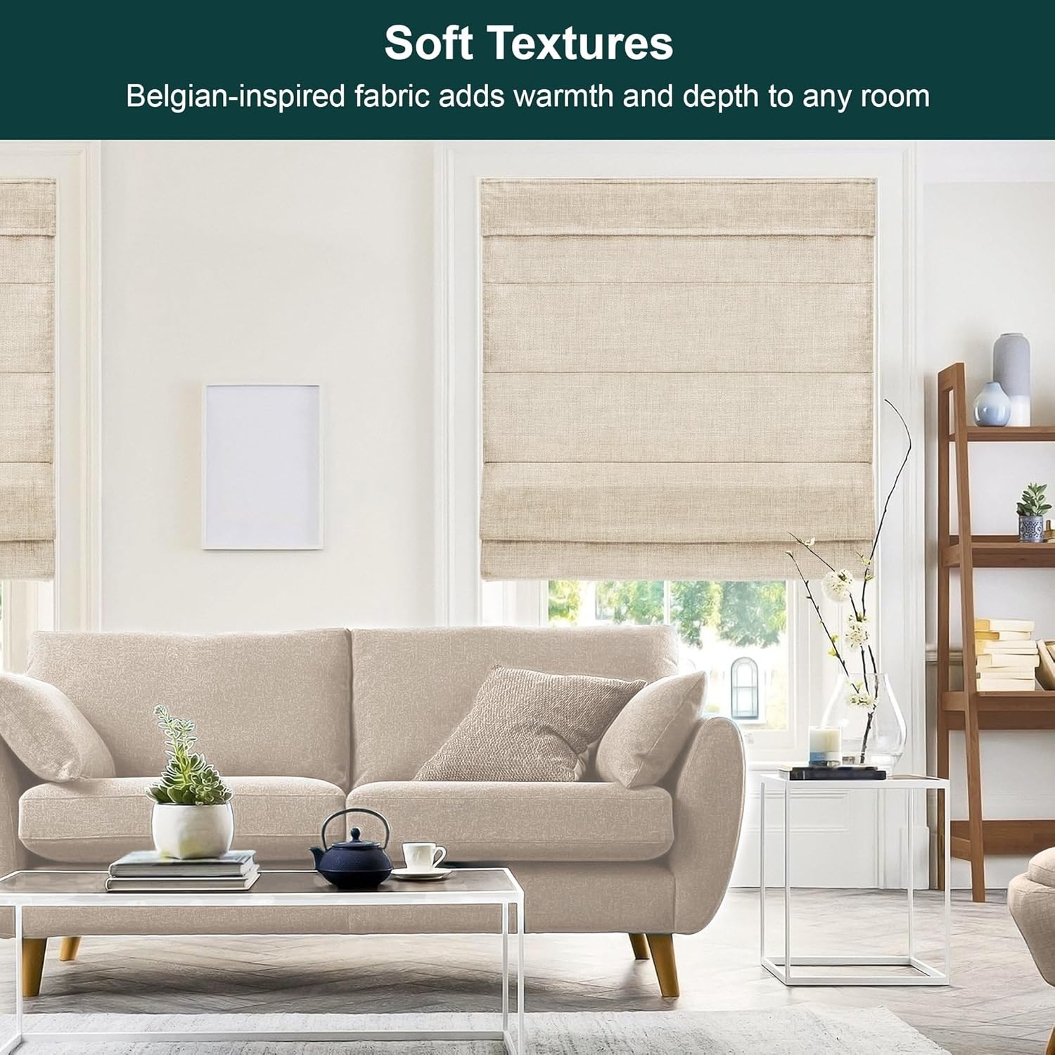 Chicology Cordless Roman Window Shade, Belgian Flax, 27″W x 64″H | Cordless