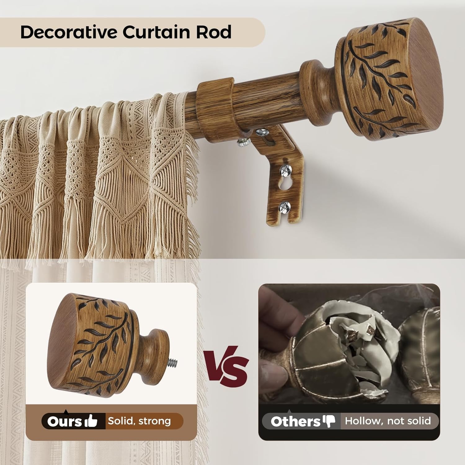 2 Pack Boho Wood Curtain Rod 66-120 Inch Leaf Pattern