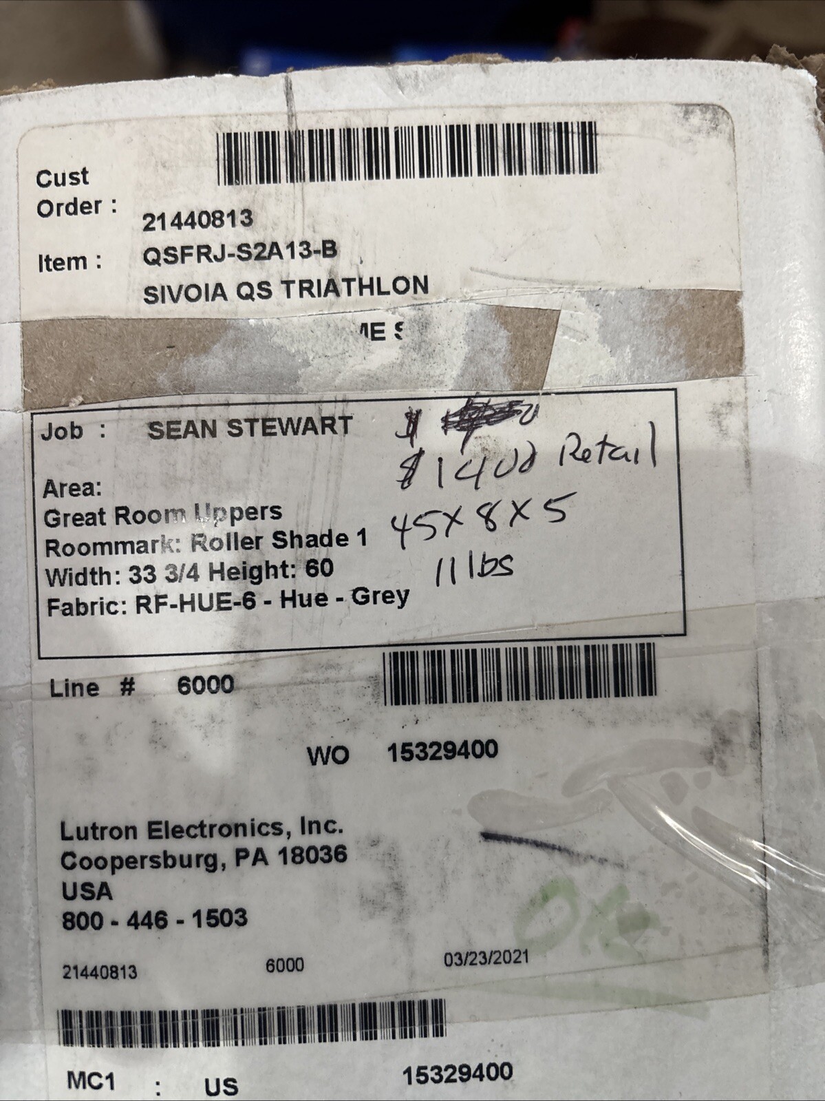 Lutron Sivoia QS Triathlon Roller Shade – Size 33 3/4 60- color Grey