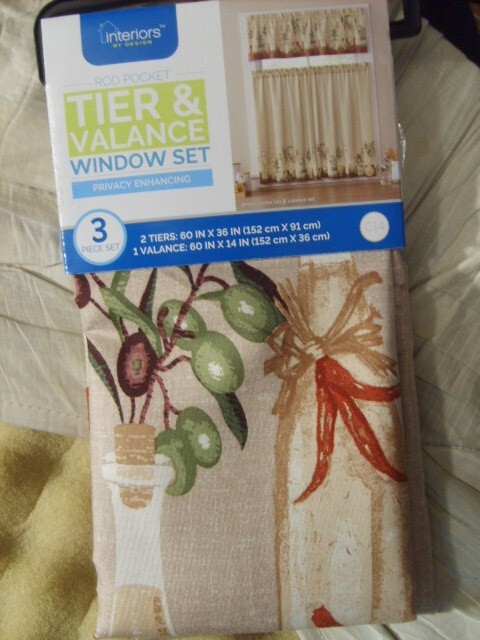 INTERIORS~OLIVE BOTTLES/OLIVES~3 PIECE TIER & VALANCE CURTAIN SET~NEW~ROD POCKET