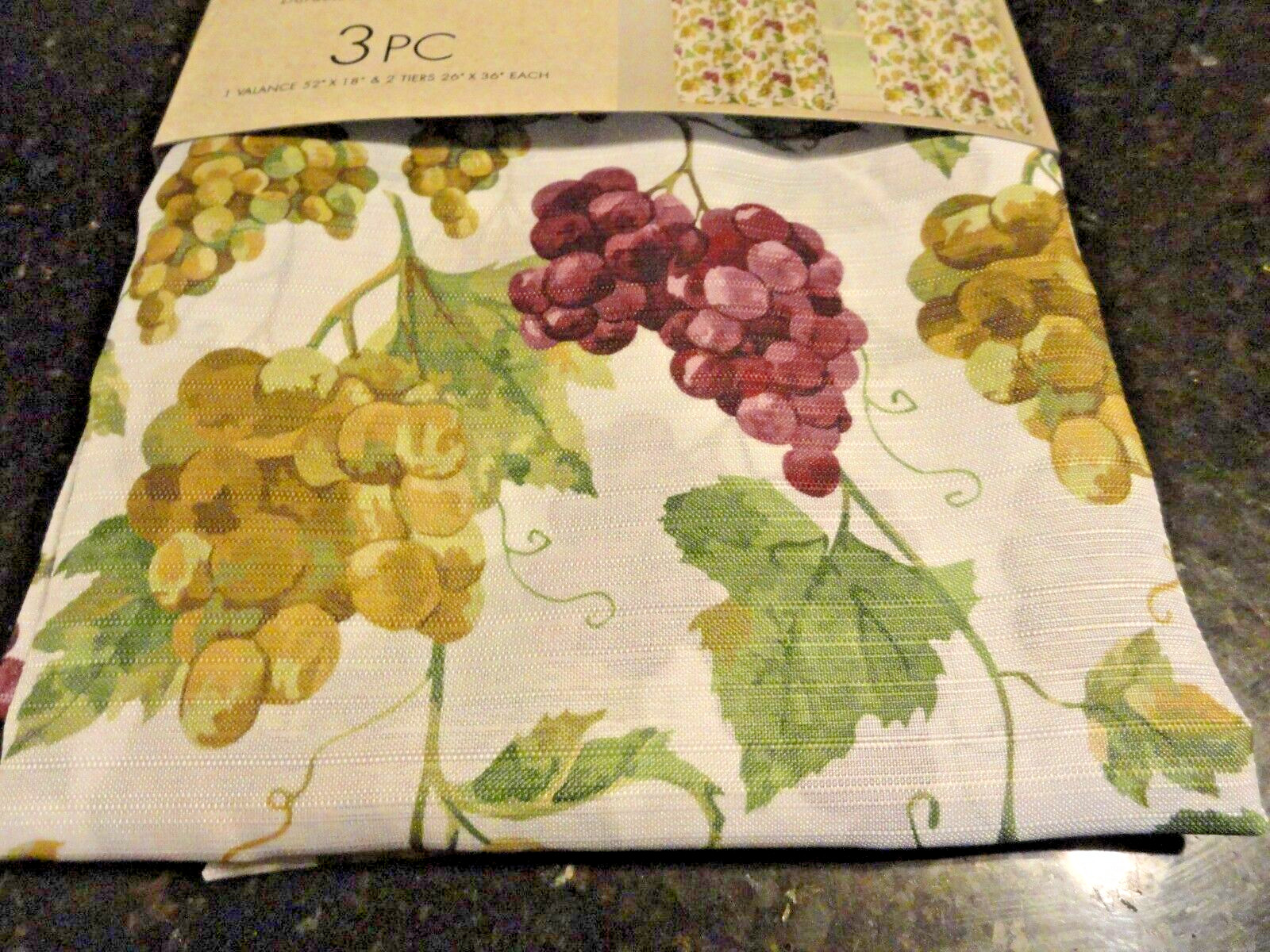 NEW~3 pc KITCHEN curtains Tiers 26″ x 36″ Valance 52″ x 18″ GRAPES purple green