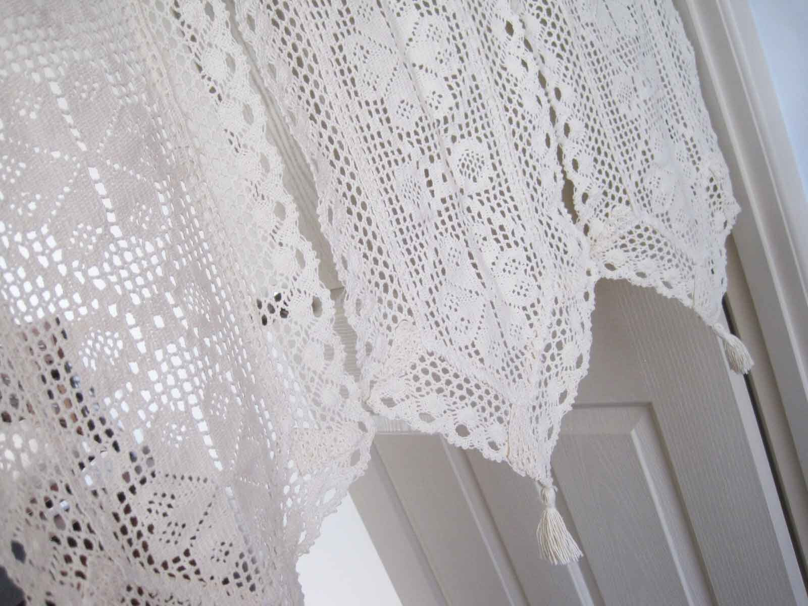 Again@Vintage Style 3 Panel Design Crochet Lace Braid Beige Cotton Door Curtain