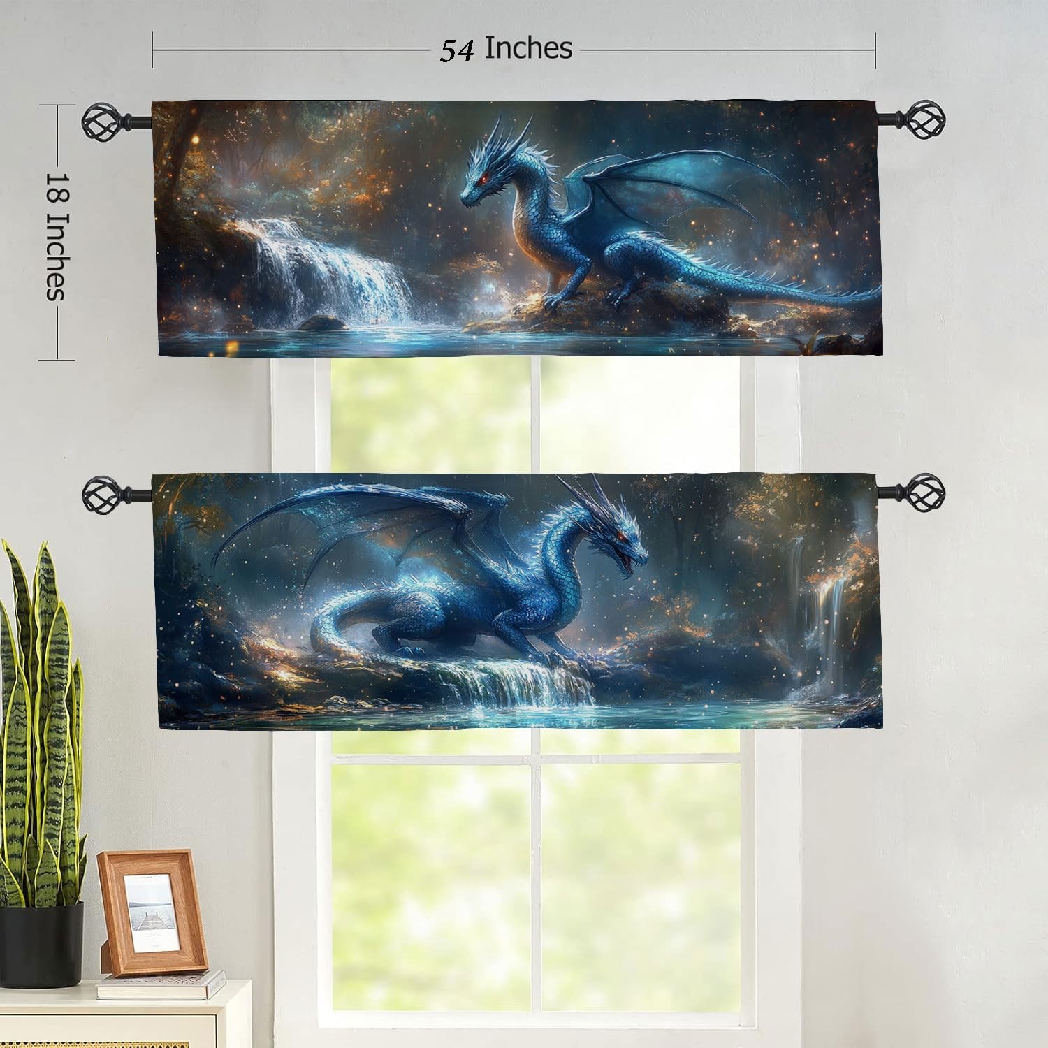 Dragon Forest Kitchen Curtains 2 Pack Fantasy Theme Magic Animal Rod Pocket D…