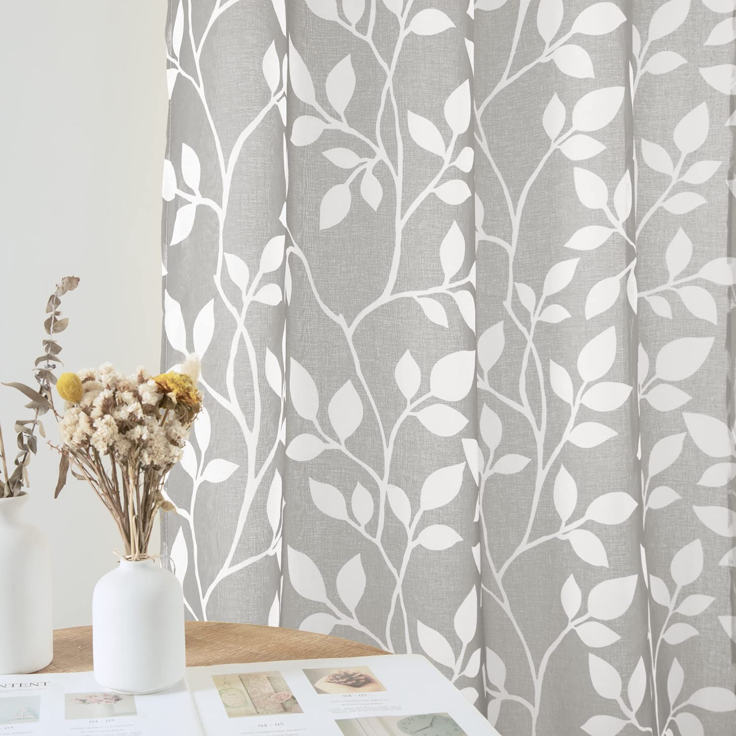 Sheer Valances for Kitchen Windows, Gray and White Leaf Spring Curtain Valenc…