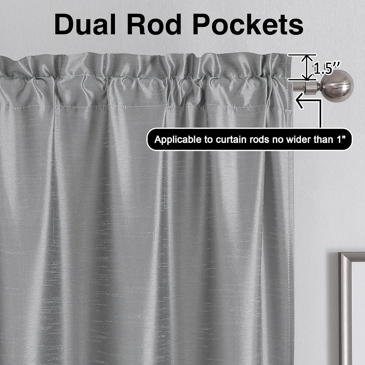 Uptown Silver Gray Kitchen Curtains 30 Inch Length, Room Darkening Faux Silk Slu