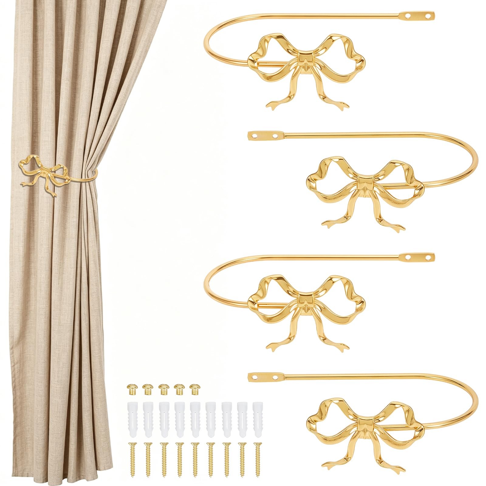 4 Pack Metal Bow Curtain Holdbacks Gold Curtain Tiebacks Wall Mounted Decorat