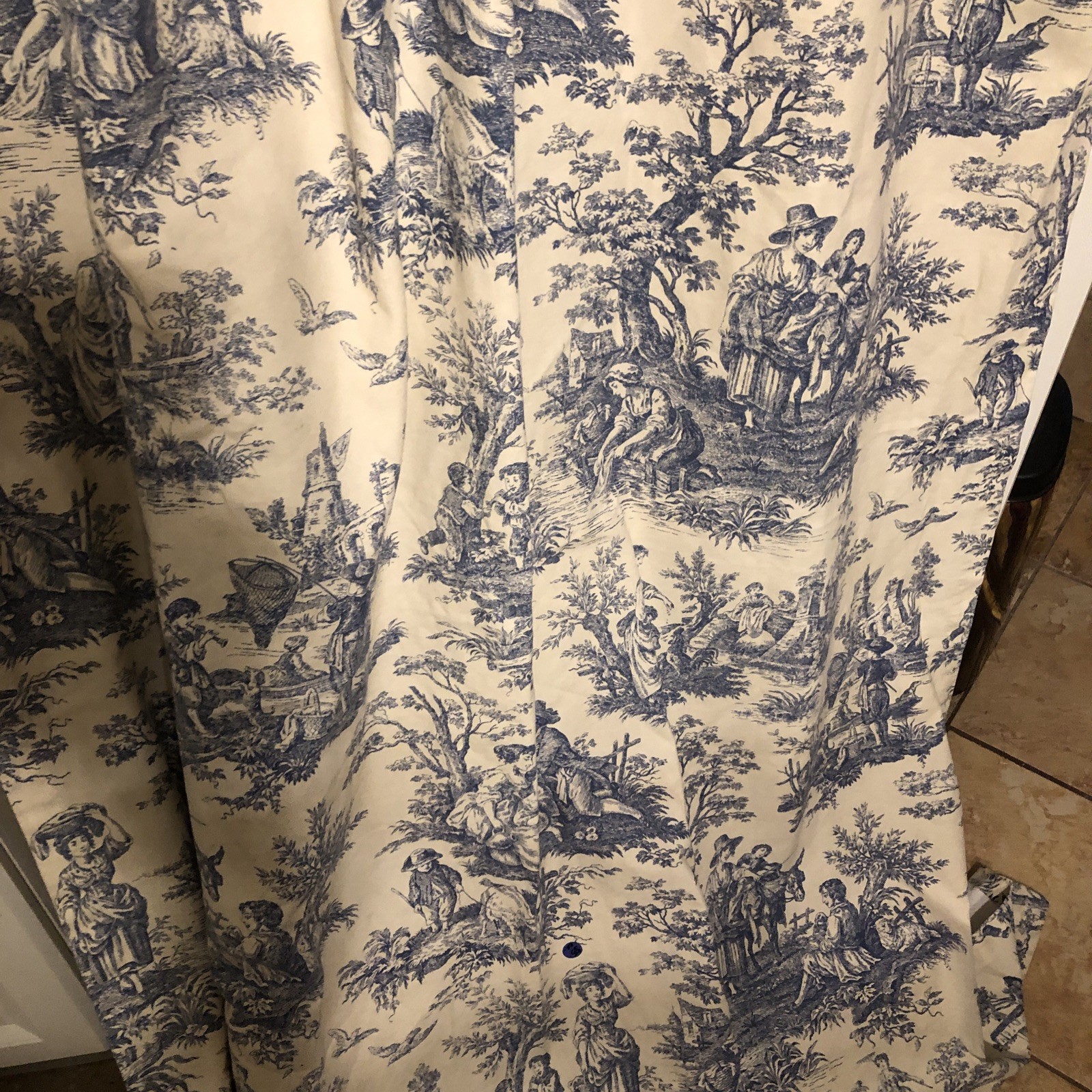 Waverly Pair Rustic Blue Cream Toile Curtains 82 X 50 Cotton Fancy Tops