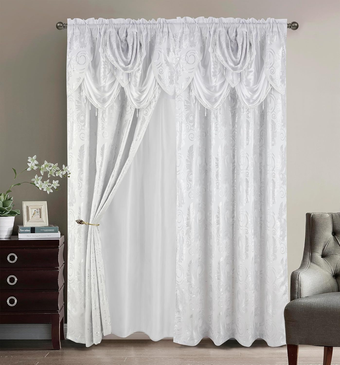 Jacquard Luxury Window 2 Panel Set White Curtain with Attached Valance and Backi