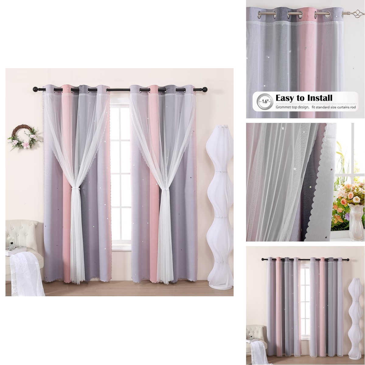 Lohut Pink Curtains Star Blackout Window Curtain Living Room Decor Pink And