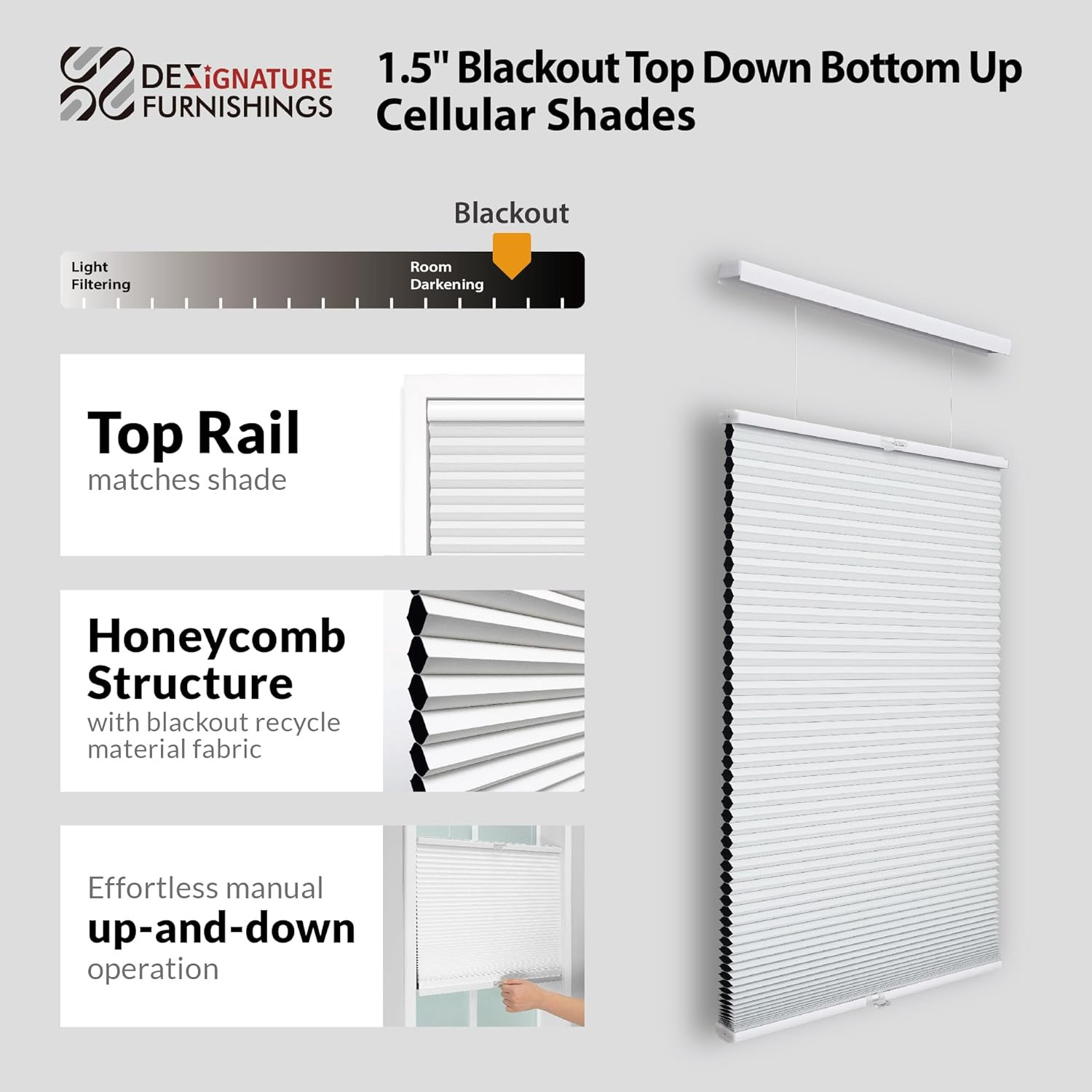 Cordless 1.5″ Blackout Cellular Shade, Top Down Bottom Up, 27″ W X 84″ H, White