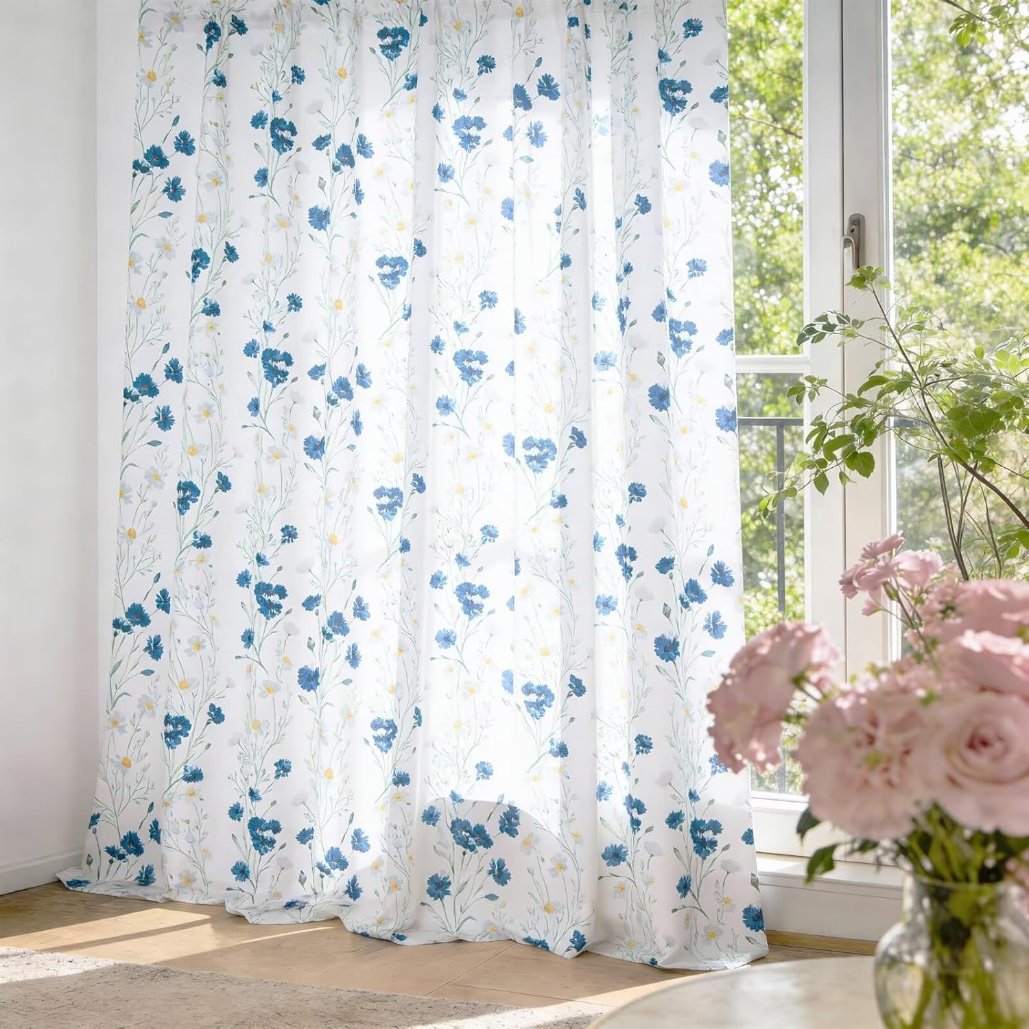 Blue White Floral Curtains 63 Inch 2 Panels Rod Pocket Light Filtering Drapes