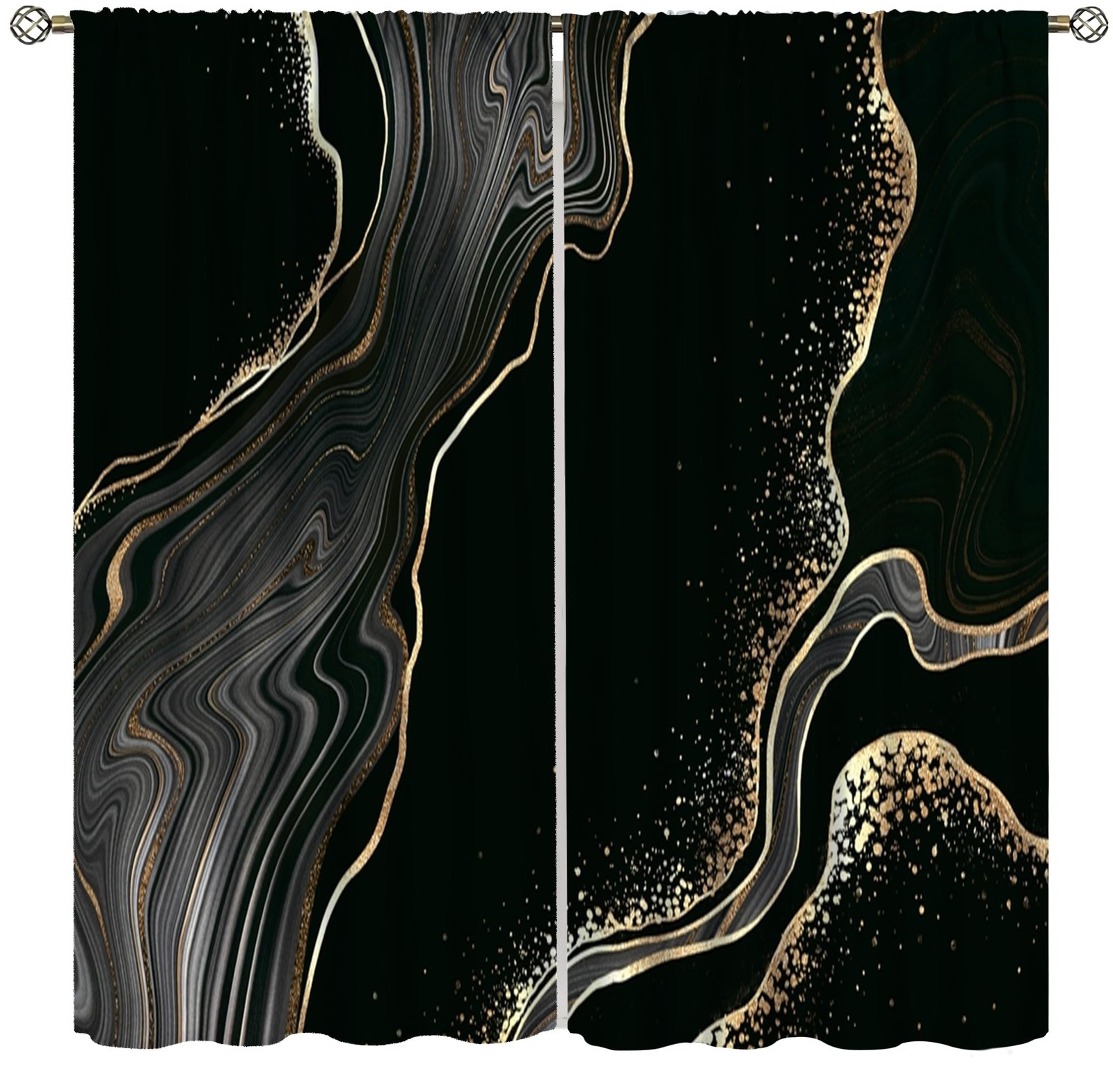 Marble Curtains for Bedroom,Modern Luxury Abstract Black Gold Ripple Art Wind