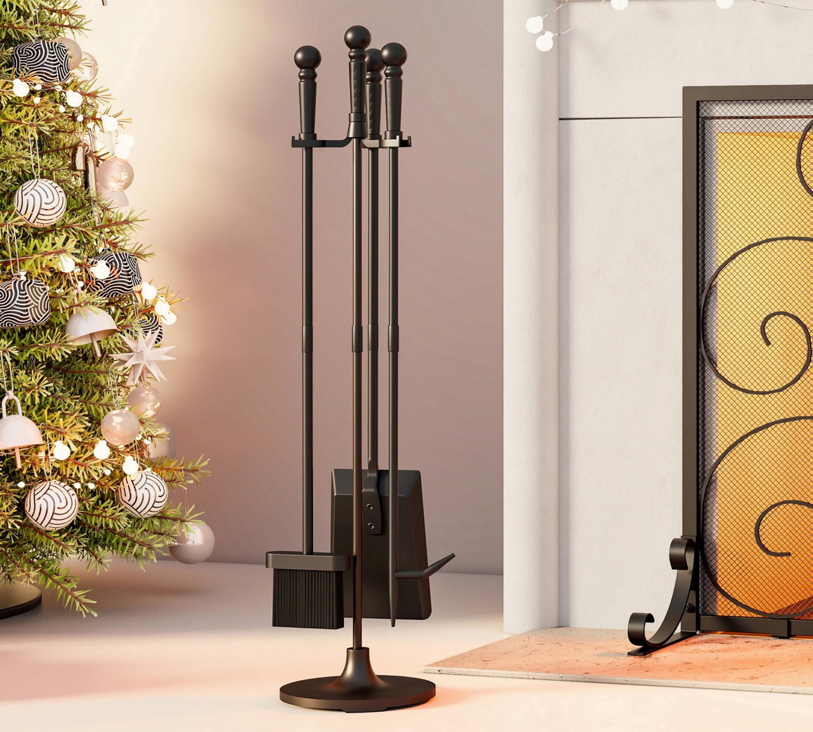 Fireplace Tools Set 4 Pieces Black Wrought Iron Fire Tool Set for Outdoor/Ind…