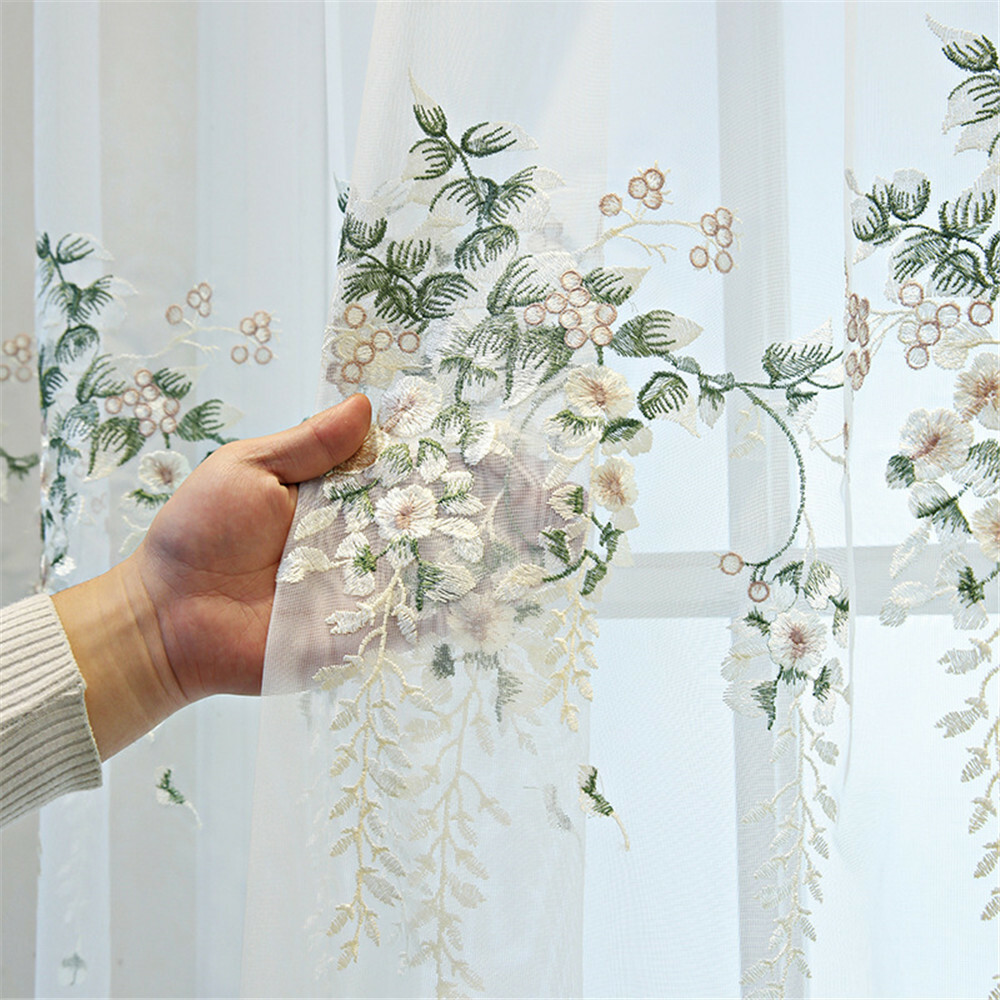 Floral Embroidered Sheer Curtain Elegant Tulle Voile Window Treatment 1 Piece