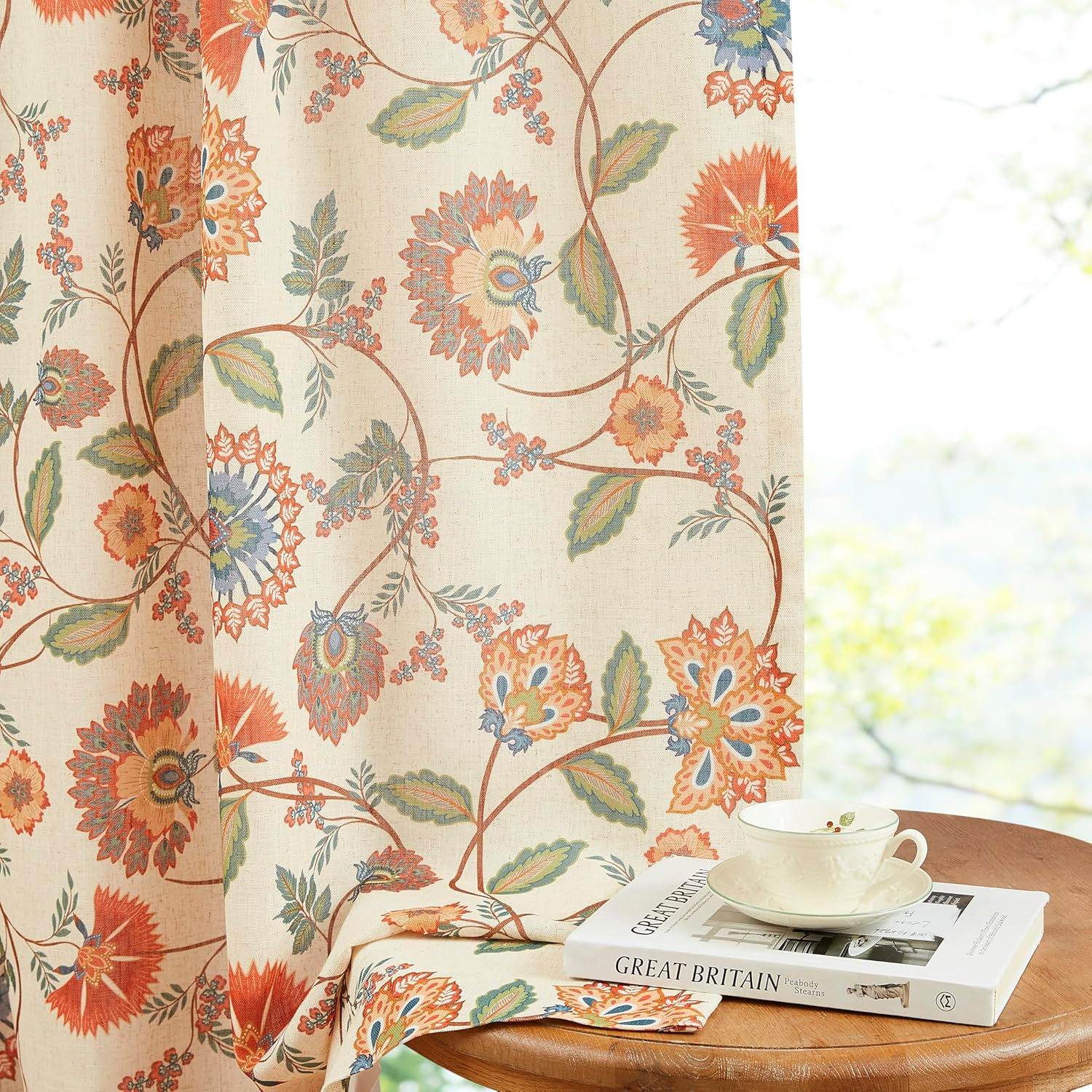Vintage Floral Pinch Pleat Linen Curtains, 40×90 Inch Set of 2