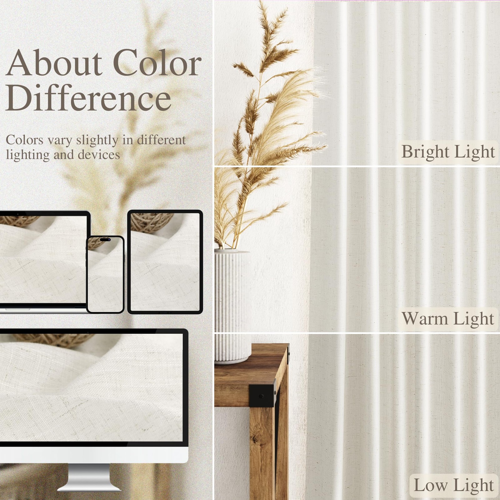 Cream Linen Back Tab Curtains 84 Inch Length for Living Room 2 Panel Set Neut…