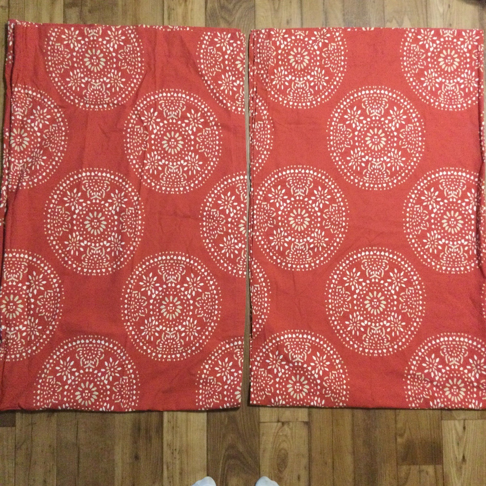 Threshold Set of 2 Red Orange Batik Curtain Panels Cotton Rod Pocket 52” x 84”