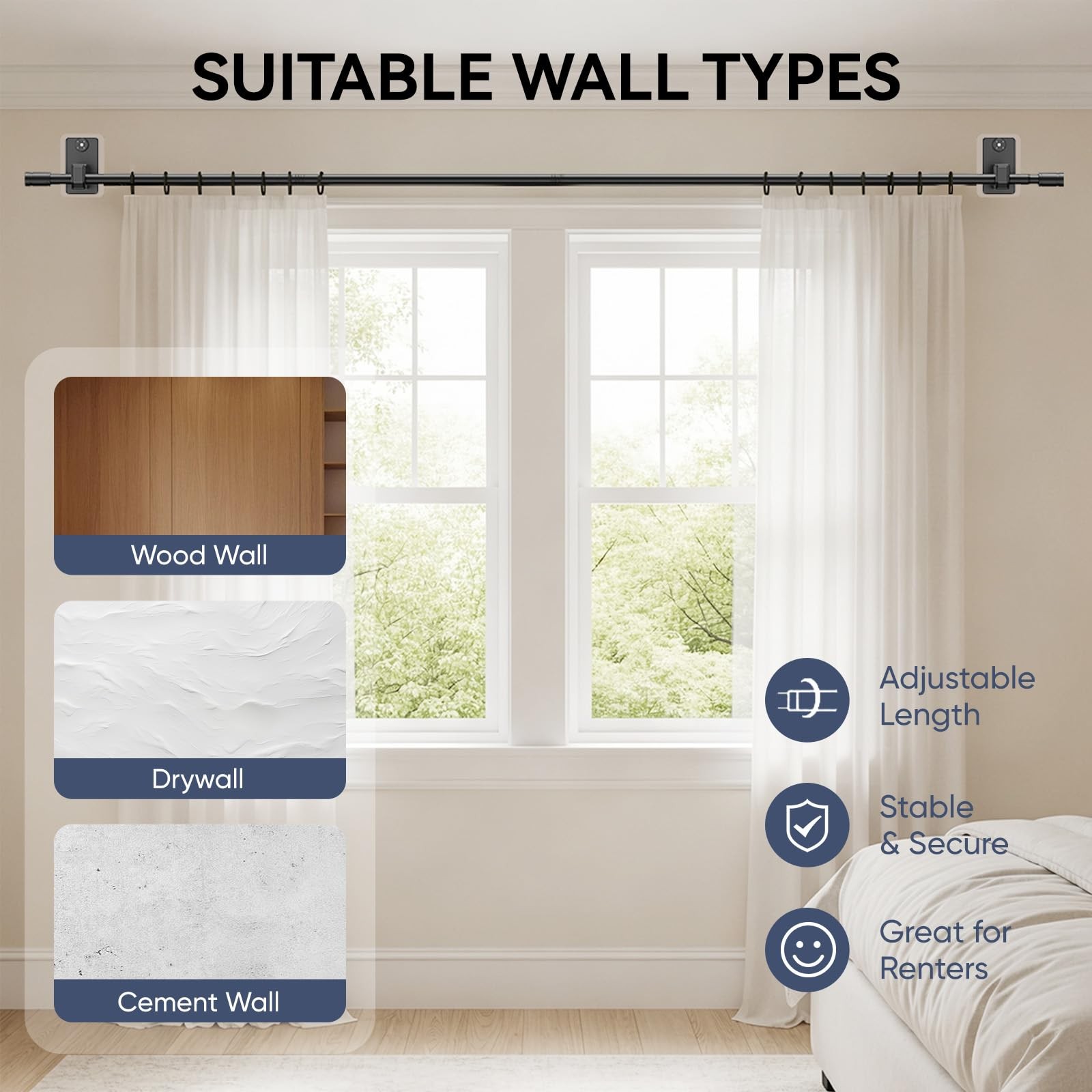 2.0 Upgraded No-Drill Curtain Rod for Windows 48 to 84 inches – Renter-Friend…