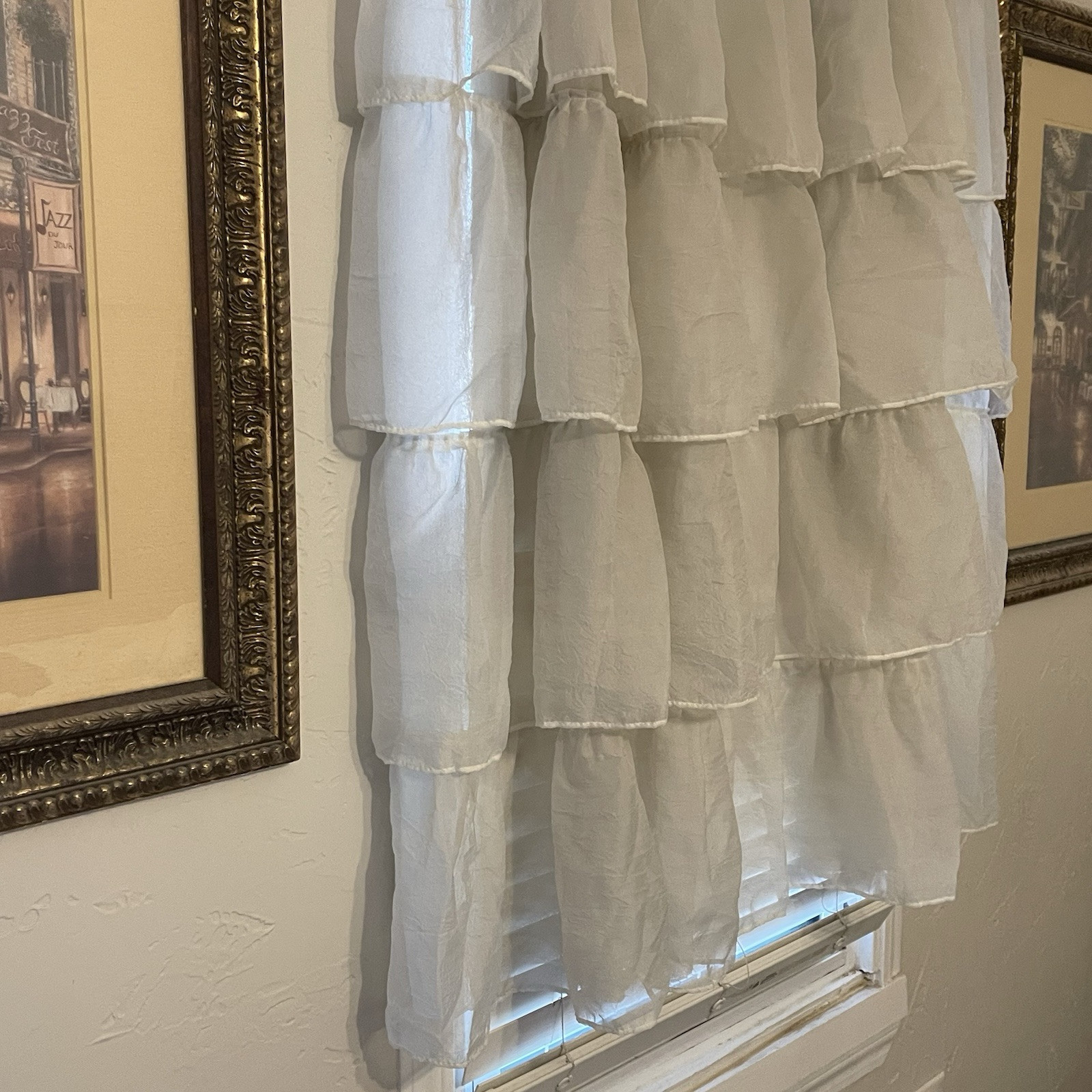 Vtg Curtains Ruffle Tier Sheer Panel Short 50” Long 65” Wide Ivory Buttonhole