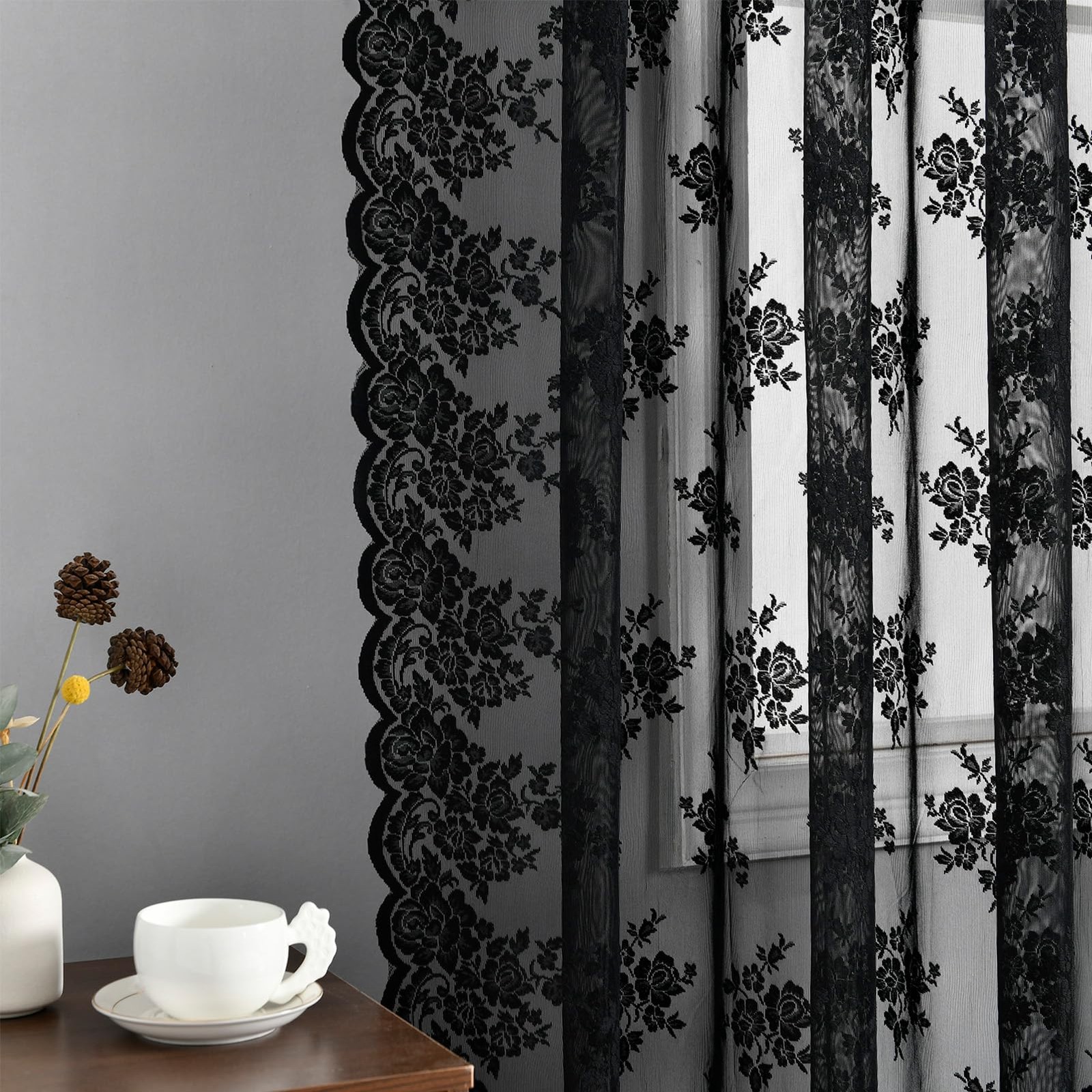 Black Lace Sheer Curtains 42 x 54 Inch 2 Panels Rod Pocket Vintage Privacy