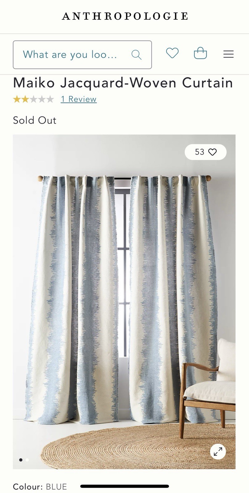 Anthropologie Maiko Blue Jacquard-Woven Ikat Opaque Rod Pocket Curtains 50×84