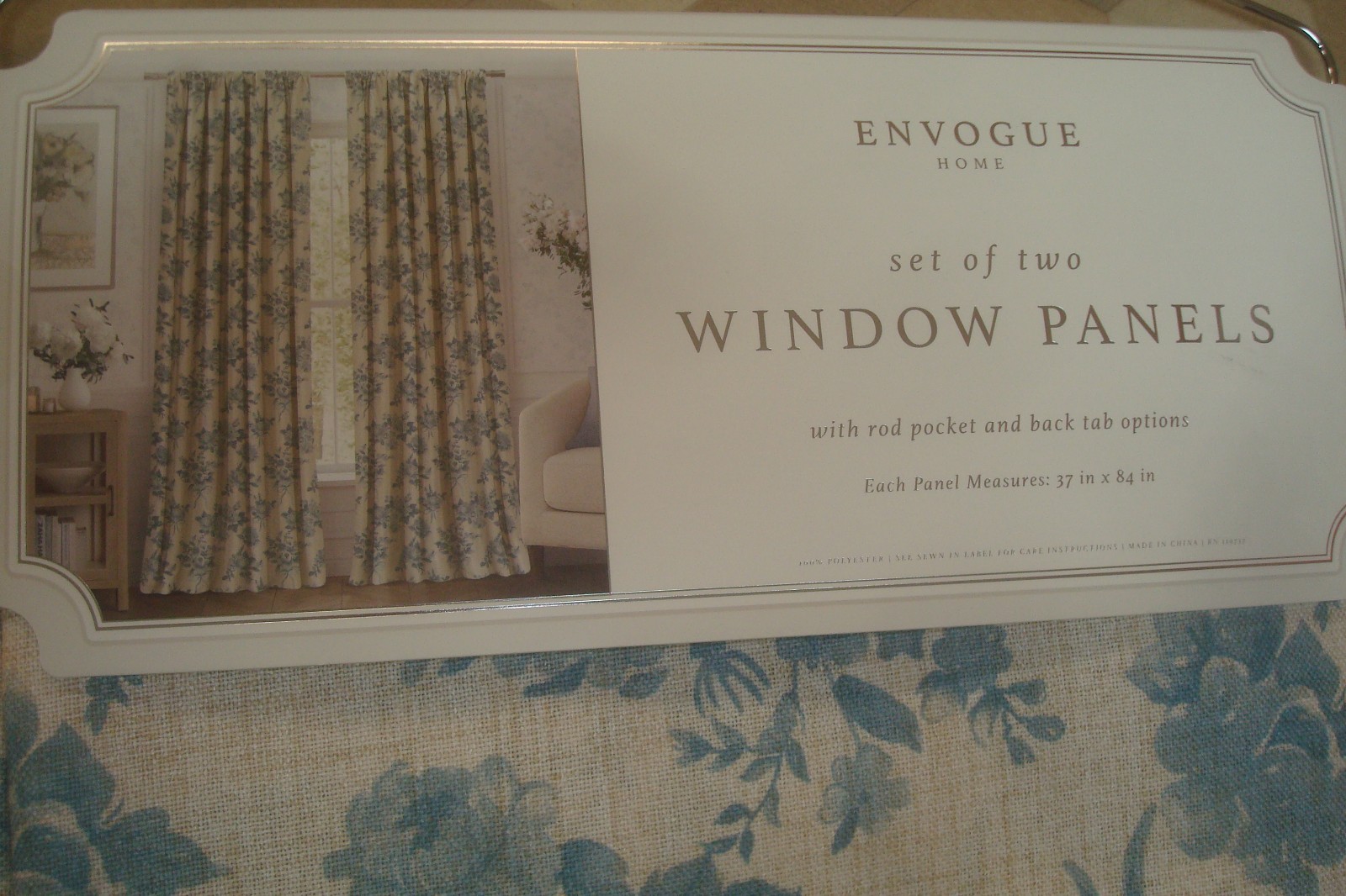 NWT Envogue 2 pc Window Curtain Panels Roses & Ribbons Floral Blue 84″ lg