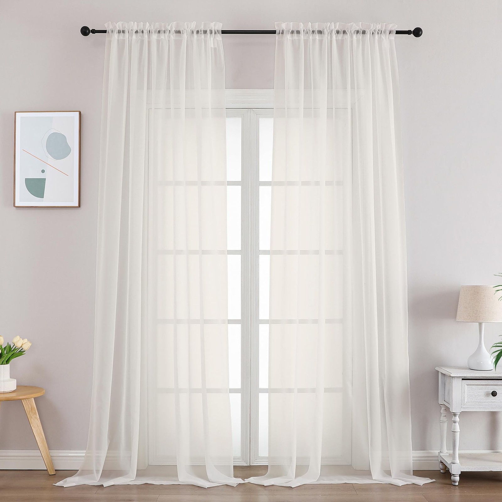 Gwine Sheer Ivory Curtains 96 Inches Long 2 Panels Set, Light Filtering Voile…