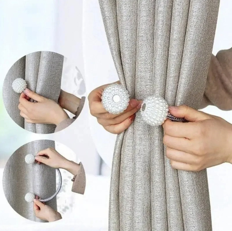 2pcs Pearl Magnetic Curtain Tie Back Clips Rope Holders Home Decor Set – NEW
