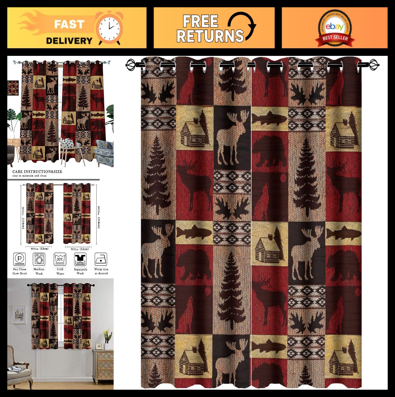 Rustic Cabin Curtains – Vintage Farmhouse Moose Bear Elk Plaid Blackout Panels 4