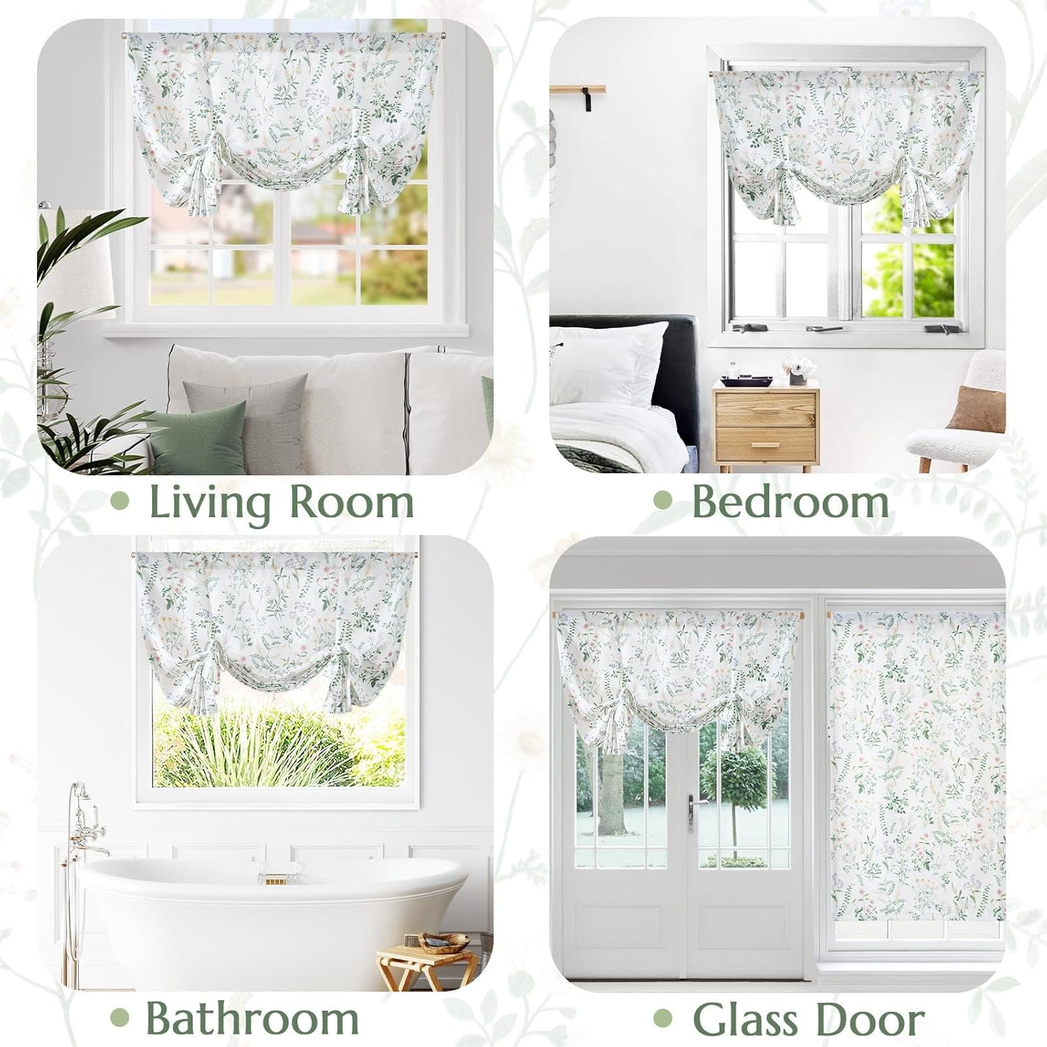 jinchan Floral Tie Up Valance Curtain Adjustable Linen Valance for Windows Farmh