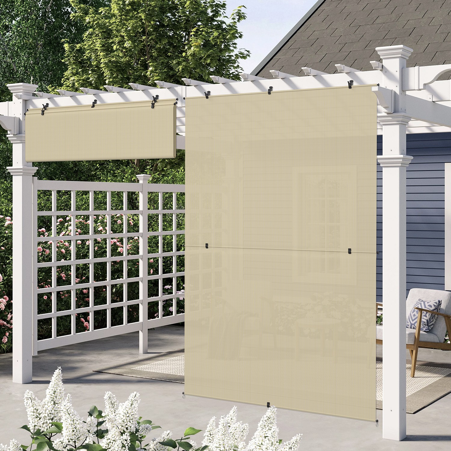 Beige 4-8ft Foldable Shade Cordless Roller Blinds Anti-UV for Patio Pergola Deck