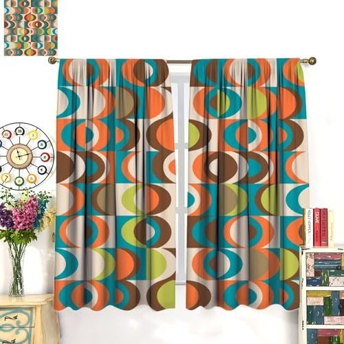 Colorful Retro Mid Century Curtains – Vintage Geometric Window Drapes 42x45in