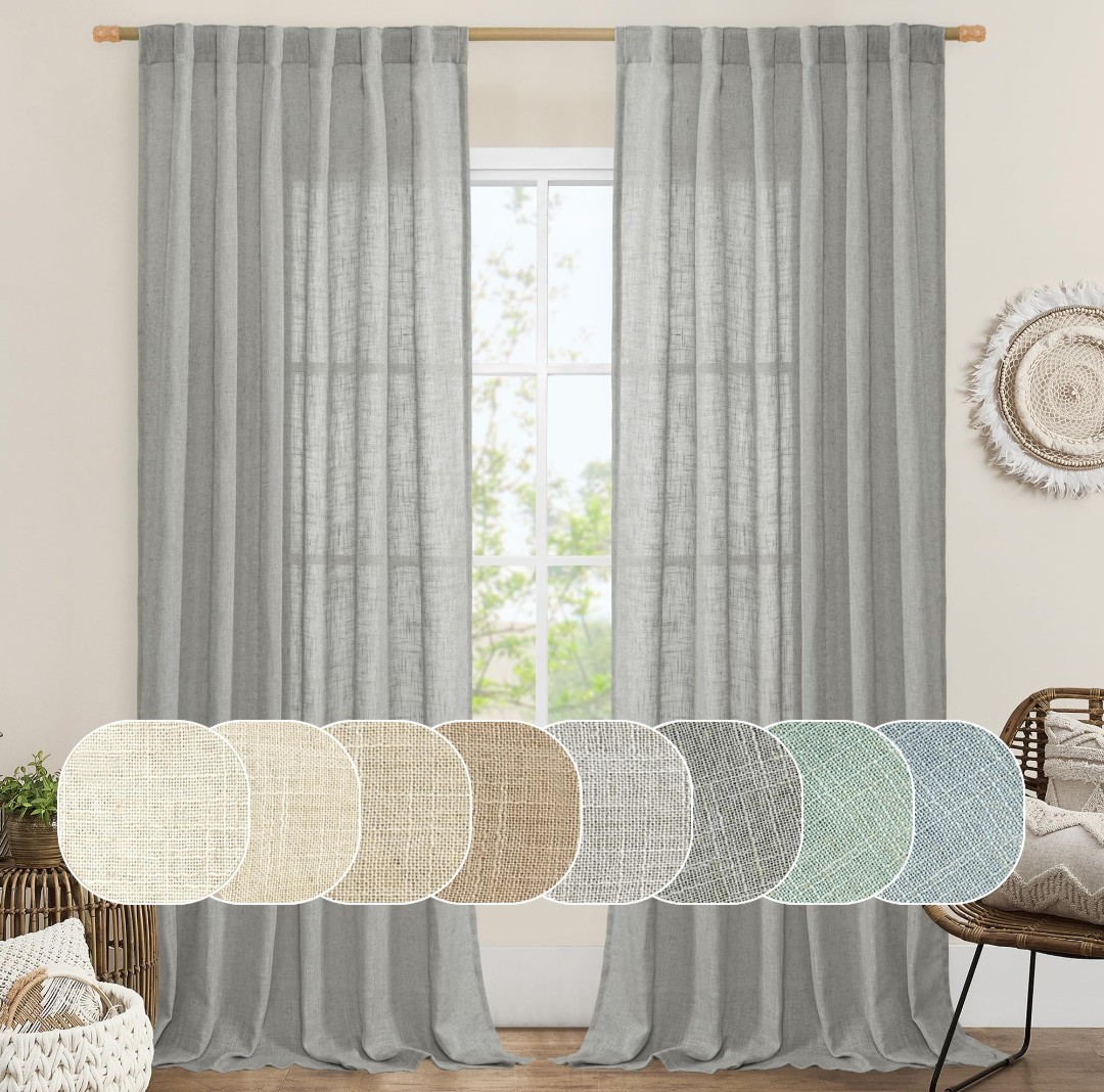 LAMIT Thick Linen Textured Sheer Curtains Set Of 2 Panels 52×90