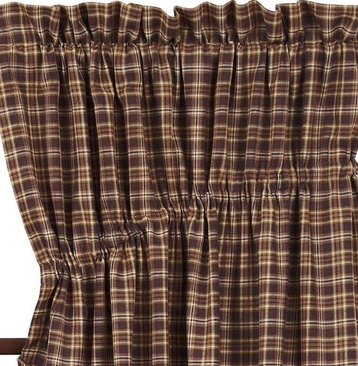 Country Drawstring Prairie Curtain Set Brown Cotton Plaid 63″ L x 72″ W Prescott